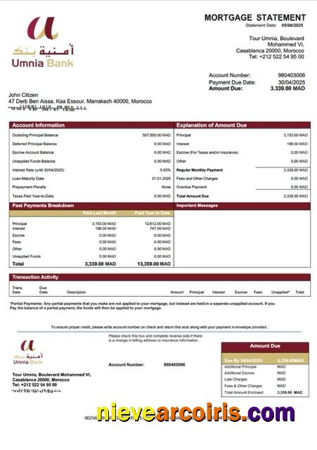 Morocco Umnia Bank mortgage statement Word and PDF template